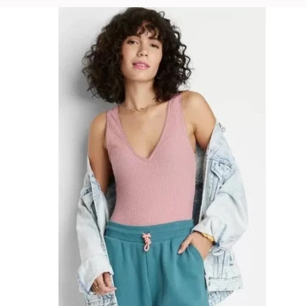 WAFFLE Tank Bodysuit Wild Fable Pink plus size XXL Layering V Neck Snap Close